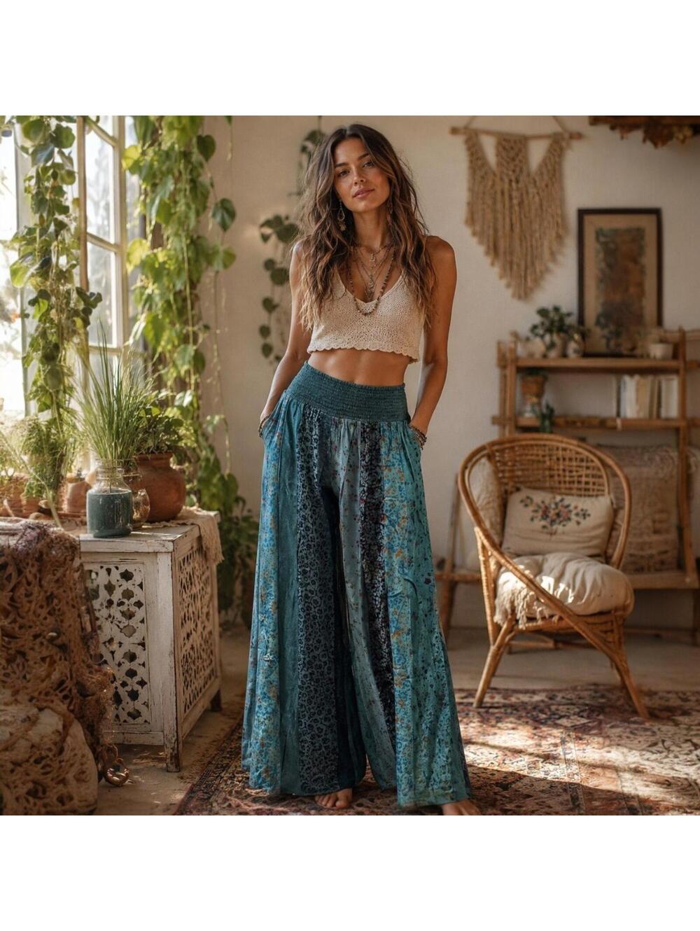 FREE SHIP! NWT Teal Rayon Patchwork Palazzo Pants-Size Small